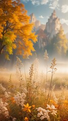 Fototapeta premium A misty morning scene of wild grasses and autumn leaves with a hint of fog and soft light