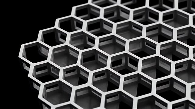 Silver geometric honeycombshaped structure on black creating an intricate futuristic texture