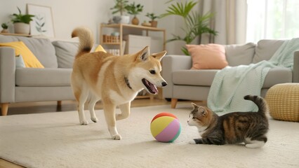 dog and cat Inside a cozy modern living room, a doge and cat happily play with a colorful toy ball, the dog wagging its tail while the cat crouches playfully ready to pounce, with soft couches, potted