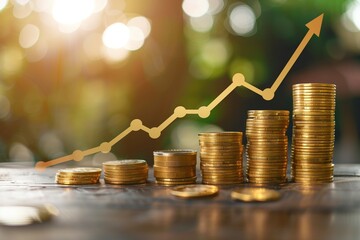 Stack of gold coins with rising arrow graph overlay, modern business concept.