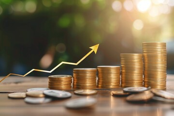 Stack of gold coins with rising arrow graph overlay, modern business concept.