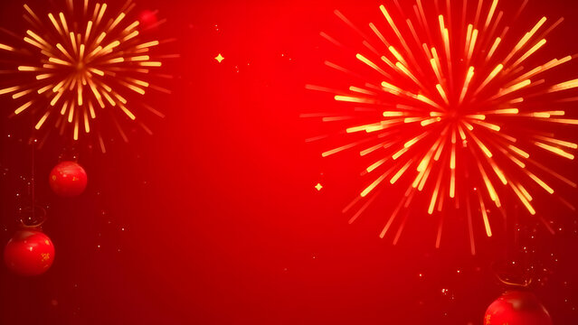 Festive red background with golden firework bursts and hanging ornaments display