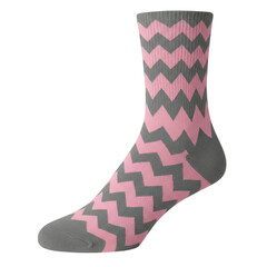 Pink and grey zigzag patterned crew sock isolated on white background
