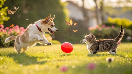 A playful doge and a curious cat chase a bright red ball across a grassy park, the dog leaping with excitement while the cat swipes at the ball with its paw, surrounded by blooming flowers, butterflie