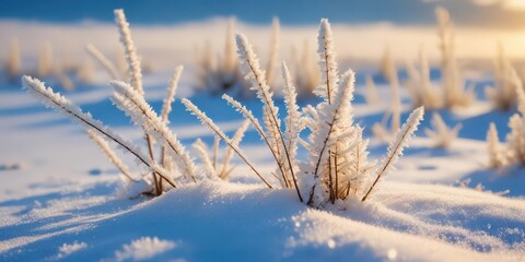 Snow-covered grass with individual blades exposed in a frosty winter landscape