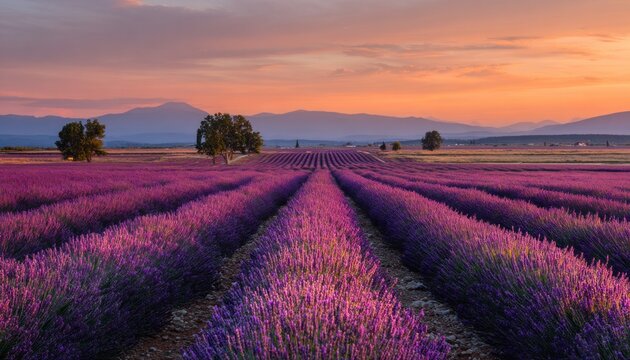 A vast expanse of vibrant lavender fields stretches across a landscape at sunrise, with rolling hills and distant mountains painted in warm hues.
