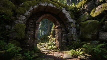 Obraz premium Stone archway amid lush greenery creates a mystical pathway in a serene forest setting
