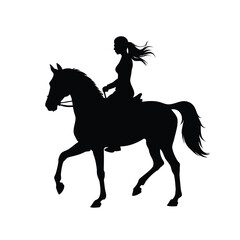 Silhouette of woman riding a horse in black and white drawing, a woman horseback riding silhouette vector illustration