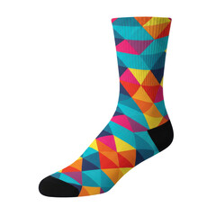 Colorful geometric patterned crew sock with black toe and heel isolated on white background