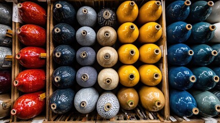 Colorful ceramic decorative bottles arranged in a grid pattern.
