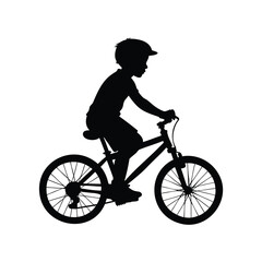 Obraz premium Silhouette of a child riding a bicycle with a helmet on a sunny day, child riding bicycle silhouette vector illustration