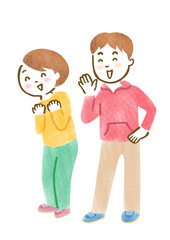 応援している様子の男女の手描きイラスト