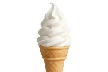 Creamy vanilla soft serve creating perfect swirl on golden waffle cone, melting against clean white background, summery dessert tempting sweet lovers