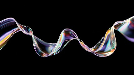 Iridescent twisted wave stretching in both directions on a black background