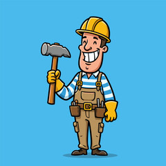 Smiling cartoon construction worker holding a hammer, dressed in cheerful yellow gear with tool belt and striped shirt.