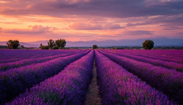 A breathtaking vista of a lavender field at sunset, showcasing rows of vibrant purple blossoms against a backdrop of a colorful sky.