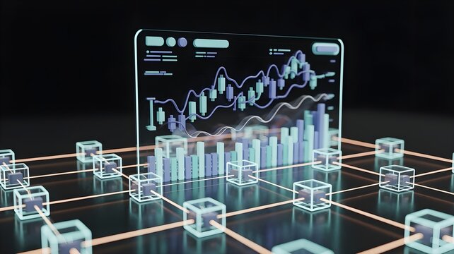 Futuristic fintech dashboard hologram with financial data.