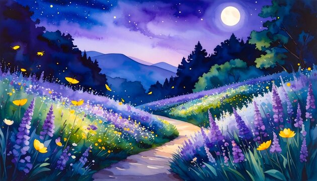 Watercolor painting of a moonlit landscape with flowers and fireflies art print