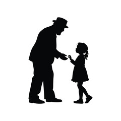 Silhouette of a gentleman offering something to a little girl in dress, grandfather telling story to granddaughter silhouette vector illustration