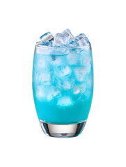 A vibrant blue drink in a glass filled with ice cubes
