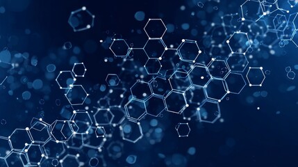 Hexagonal molecular pattern on blue background for genetic research, chemical engineering, and scientific innovation, futuristic biotechnology and medical science concept for healthcare and technology