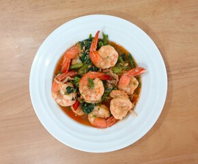 Overhead Shot of Stir-fried Shrimp and Vegetables
