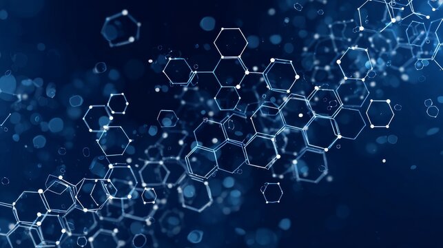 Hexagonal molecular pattern on blue background for genetic research, chemical engineering, and scientific innovation, futuristic biotechnology and medical science concept for healthcare and technology