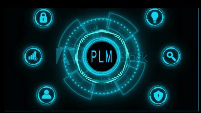 Product lifecycle plm horizontal all the video technology system management digital illustration.Plm product lifecycle horizontal all the video management system technology concept illustration