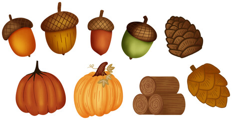 Autumn Vector Elements with Pumpkins, Acorns, Timber, and Pine Cones