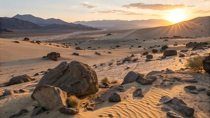 Desert landscape at sunset with mountains and sunbeams