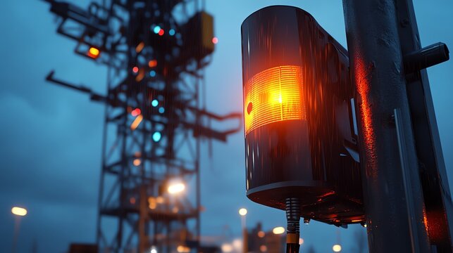 A rugged outdoor antenna glowing faintly amidst stormy weather