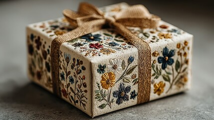 Square gift box wrapped in floral paper with ribbon on a neutral surface.