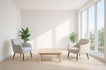 Modern living room setup with soft natural light and greenery for product display