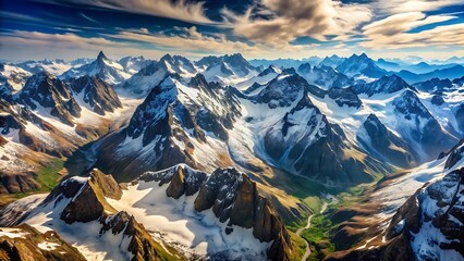Majestic snow capped mountain range under dramatic sky