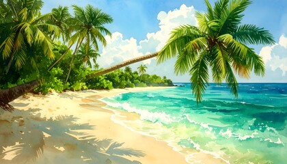 Obraz premium Watercolor painting of tropical beach paradise with palm trees and turquoise ocean