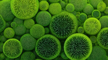 Microscopic view of green cells with abstract science background for research and biotechnology concepts