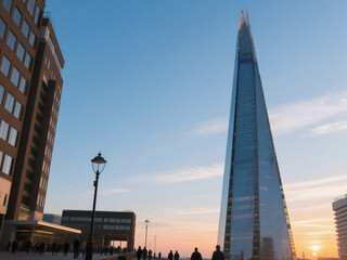 Beautiful sunset view of The Shard skyscraper in London, UK. The modern glass tower reflects the warm evening light, creating a stunning contrast with the blue sky and surrounding city buildings