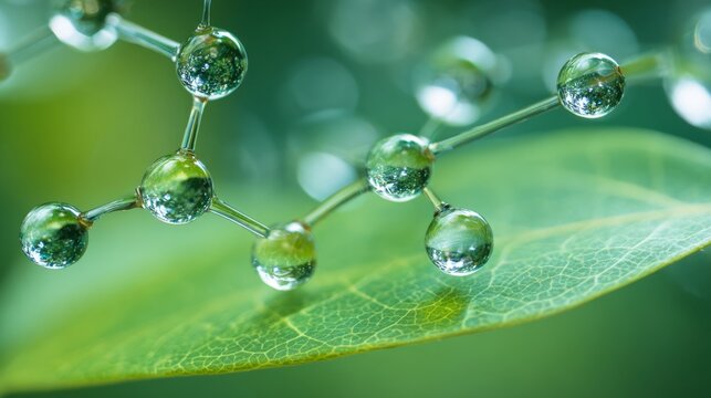 Close-up of molecular structure on dew-covered leaf in nature, scientific botany research concept with green background and blurred natural surroundings