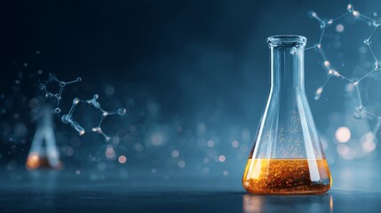 Abstract futuristic science background with molecular structures, dna strands, chemical formulas, and glowing technology elements representing scientific research, innovation, and laboratory experimen