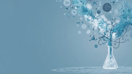 Abstract futuristic science background with molecular structures, dna strands, chemical formulas, and glowing technology elements representing scientific research, innovation, and laboratory experimen