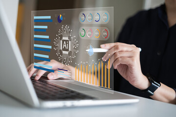 Businessman using artificial intelligence ai in data analysis dashboard to visualize report information improvement development sales marketing e-business strategy management technology concept