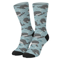 Novelty socks with cartoon whales and black toes on light blue background isolated on white background