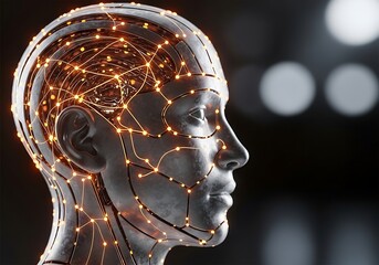 Human head with glowing neural network connections, symbolizing ai