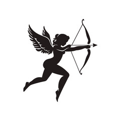 Fototapeta premium A minimalist silhouette icon of Cupid aiming a bow and arrow. This image is suitable for websites or blogs about love, relationships, or Valentine's Day.