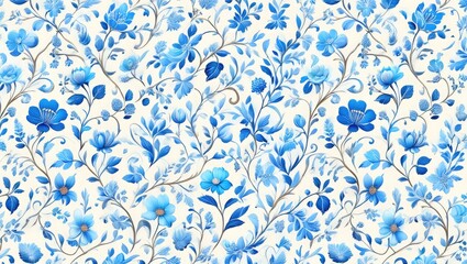 Blue floral pattern on cream background flowers leaves