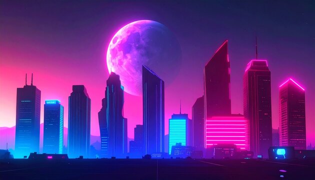 Fototapeta 80s retro-futuristic skyline with giant glowing moon, vibrant pink and blue neon colors, vaporwave aesthetic
