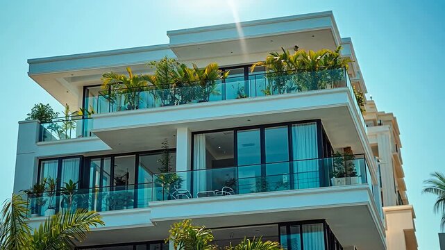Low angle view of modern luxury apartment exterior with multiple levels expansive glass balconies lush green plants large windows sunlit facade for upscale urban living tropical elegance architecture 