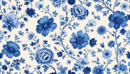 Blue floral pattern on cream background seamless wallpaper