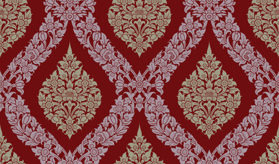 Traditional Thai art seamless floral damask pattern bold two tone color motif suitable for wallpaper, cloth, textile, tile and fabric design isolated over red colored background.
