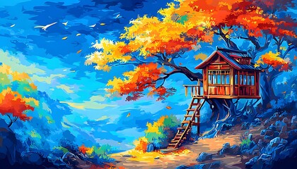 Colorful autumn treehouse nestled in a vibrant, whimsical forest landscape